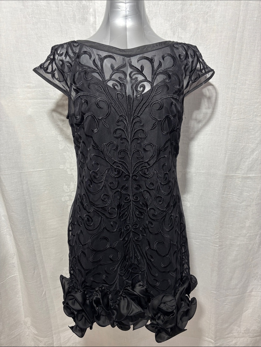 Guess Black Embroidered Midi Dress with Rosette Hem formal wedding party chic